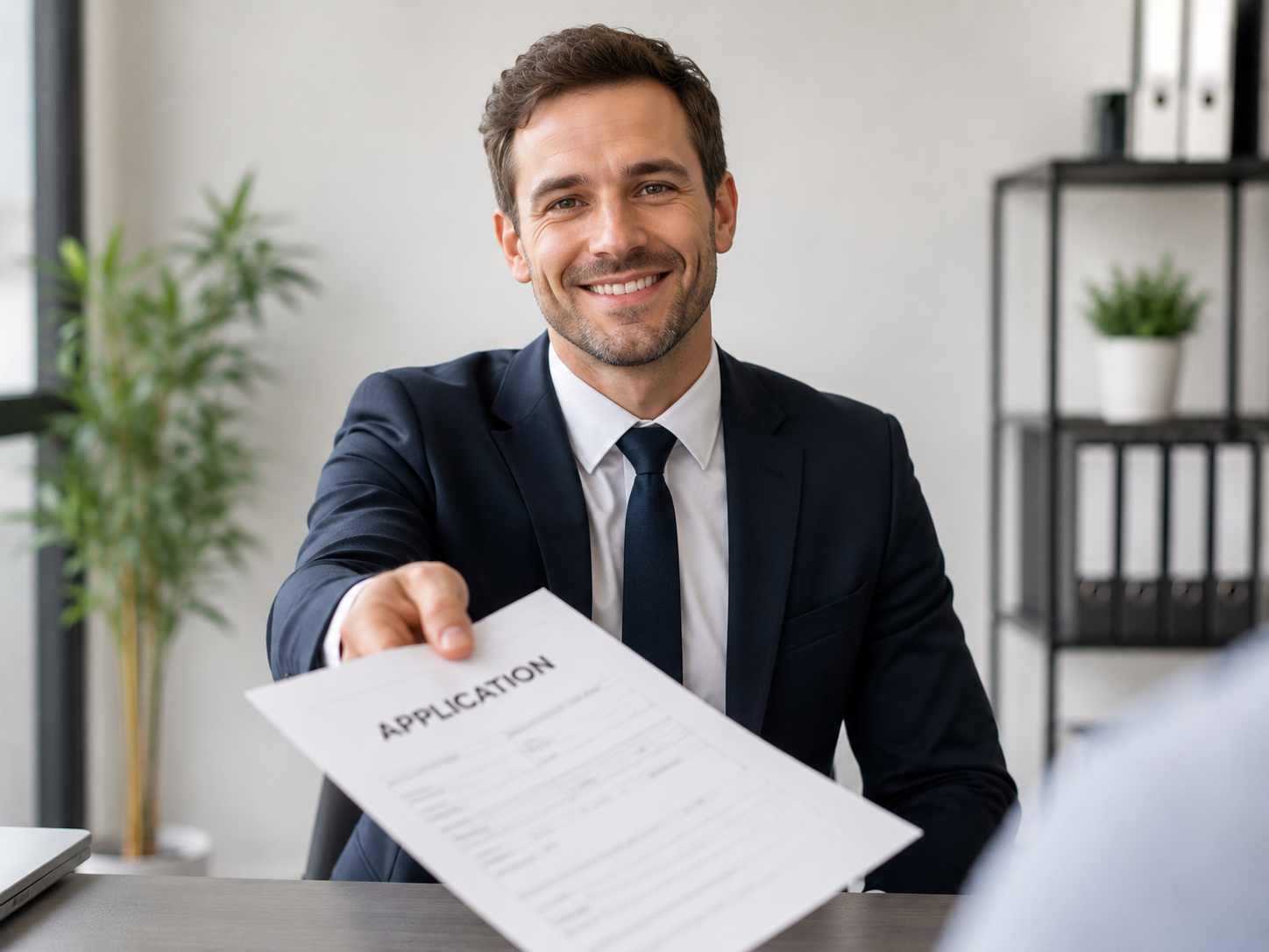 A job candidate handing over an application
